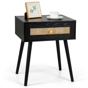 Costway Table De Chevet En Rotin Avec Tiroir, Pieds En Bois, Table De ... pas cher