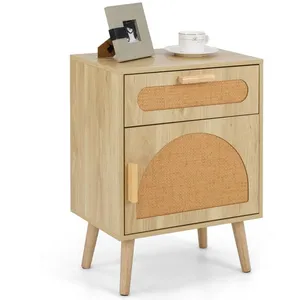 Costway Table De Chevet Avec Tiroir Et Porte En Rotin, Pieds En Bois, ... pas cher