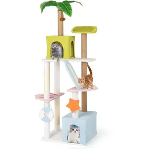 Arbre à Chat Multi-Niveaux 180 CM, COSTWAY, 2 Condos, Perchoir, Poteaux à Gratter en Sisal, Plante Artificielle, Jouets Suspendus pas cher