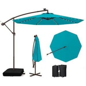COSTWAY Parasol Déporté 3M avec 40 Lumières LED Panneau Solaire 6 Heures,Base Croisée Sac de Sable Tissu en Polyester UV 20+ Rouge pas cher