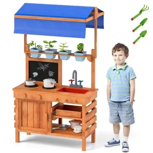 COSTWAY Cuisine Enfants 3 Ans+ en Bois de Spin, Auvent Réglable en Hau... pas cher