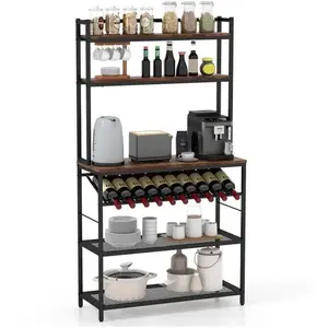 COSTWAY Étagère de Cuisine pour Four à Micro-Ondes avec Casier à Vin pour 10 Bouteilles, Desserte de Cuisine avec Pieds RéglablesVendu parcdiscount