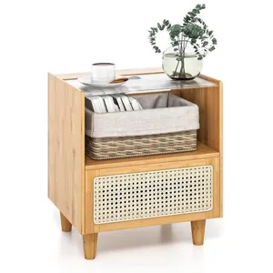 Costway Table De Chevet En Bambou Avec Tiroir, Plateau En Verre, Desig... pas cher