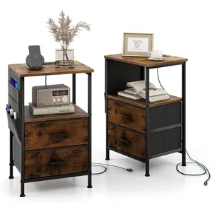 Costway Lot De 2 Tables De Chevet Industrielles Avec Station De Charge-Ports Usb Et Prises Ca, 2 Tiroirs Et 6 Poches Latérales pas cher