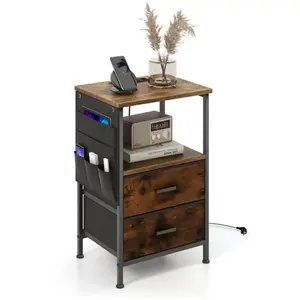 COSTWAY Table de Chevet Industrielle avec Station de Charge-Ports USB et Prises CA, 2 Tiroirs et 6 Poches Latérales, 38 x 30 x 60 cm pas cher