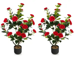 Camélias Artificiels - COSTWAY - Lot de 2 - Rouge - Intérieur pas cher