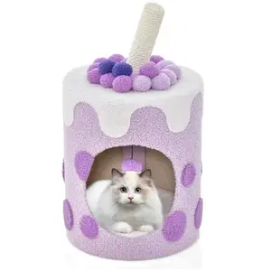Costway Panier Maison Pour Chat Animaux - Coussin Amovible, Griffoir Rotatif À 360°, Forme Du Bubble Tea, Pompon Suspendu - Violet pas cher