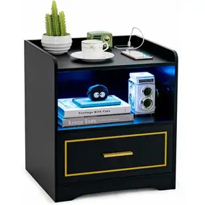 COSTWAY Table de Chevet LED avec 1 TYPE-C + 1 USB, 3 Couleurs de Lumière, Capteur Intelligent, 45 x 40 x 50 cm, Noir pas cher