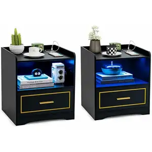 COSTWAY Lot de 2 Table de Chevet LED avec 1 TYPE-C + 1 USB, 3 Couleurs de Lumière, Capteur Intelligent, 45 x 40 x 50 cm, Noir pas cher