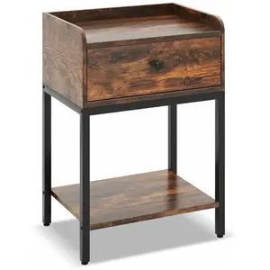 COSTWAY Table de Chevet en Métal avec Station de Recharge, Tiroir et Étagère, pour Chambre, Salon, Marron, 42 x 30 x 60 cm pas cher