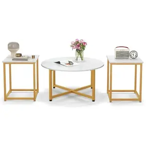 COSTWAY Ensemble de Tables Basses 3 Pièces, dont 1 Ronde&2 Carées, Cadre en Métal Robuste, Charge Max. 200 kg, Moderne, Blanc et Or pas cher