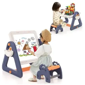 COSTWAY Ensemble 2 en 1 Table d Art et Tabouret Enfants-160 Accessoires, Multi-activités Convertibles, Bureau Rotatif et Amovible pas cher
