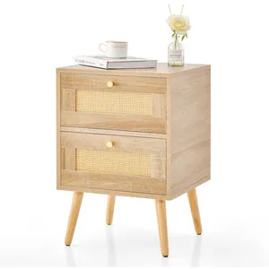 COSTWAY Table de Chevet en Rotin, 2 Tiroirs et 4 Pieds en Pin, Porte Cannage, pour Salon, Chambre, Style Bohème, 40 x 40 x 59 cm pas cher