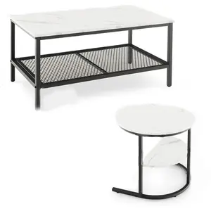 GOPLUS Lot de 2 Tables Basses Gigognes-Amovible et Table Ronde-Plateau Imitation Marbre Blanc-Empilable Style Moderne Noir et Blanc