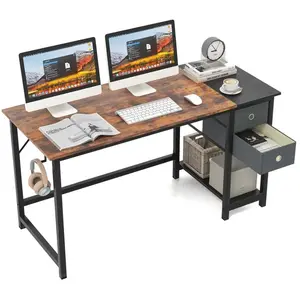 COSTWAY Bureau Informatique de 120 cm, avec 2 Tiroirs, Crochet de Suspension, Étagère de Rangement, Marron pas cher