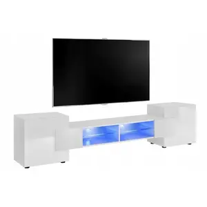 Meuble TV - PABLO - Blanc Mat et Blanc Laqué - 230 cm - 2 placards et 2 niches pas cher