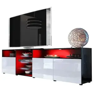 MEUBLE TV MASSIMO 200 cm Noir Mat et portes Blanc Laquées LED RGB pas cher