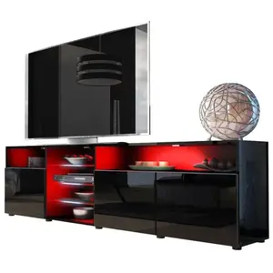 Meuble TV - MASSIMO - 200 cm - Noir Mat - Portes laquées - LED RGB pas cher