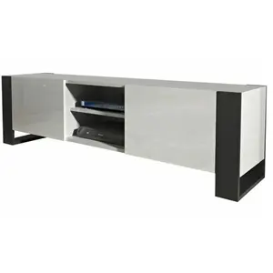 Meuble TV 160 cm Lovy blanc laqué et mat - Style industriel - Portes et tiroir - Mélamine pas cher