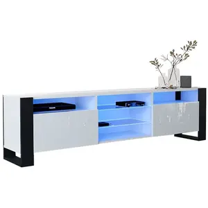 Meuble TV 200 cm LOVY LED blanc laqué et blanc mat - style industriel - 2 portes et 1 tiroir pas cher