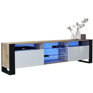 Meuble TV LOVY LED blanc laqué et chêne mat - Style industriel pas cher