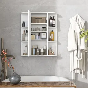 GIANTEX-Armoire Murale de Salle de Bain avec Miroir-Étagère Réglable-6 Étagère Ouvertes-Porte-59x17x70 cm-Salon Cuisine-Blanc pas cher