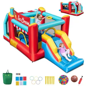 Château Gonflable 5 en 1 pour Enfants - COSTWAY - Toboggan - Zone de Saut -  Panier de Basket - Fosse à Balles Sans SouffleurVendu parcdiscount