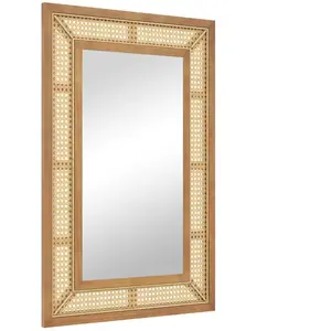COSTWAY Miroir Mural Rectangulaire 90 x 60 cm en Rotin, Cadre en Bois, Miroir Suspendu Vertical ou Horizontal pour Salon Entrée pas cher