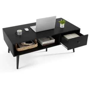 Table Basse Rectangulaire COSTWAY, 1 Tiroir et Etagère de Rangement Ouverte, Table Salon 109 x 55 cm, pour Chambre Bureau, Noir pas cher