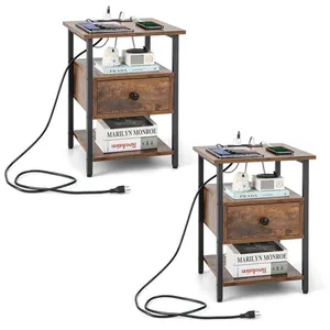 Costway Lot De 2 Table De Chevet Avec Station De Charge, Etagères Ouve... pas cher