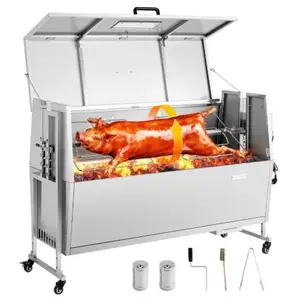 VEVOR Rotisserie Grill 38W Speenvarken Grill Lam Grill Houtskool Grill (132 cm Grilllengte) met 60 Kg Draagvermogen & Wielen & 4-Voudige Hoogteverstelling & Deksel, Roestvrijstalen Elektrische Grillset Voor Kamperen pas cher