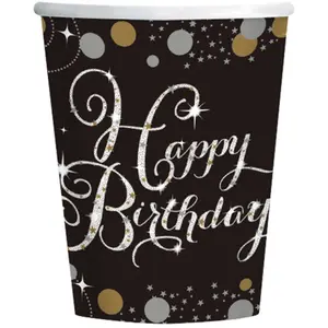 Beker Happy Birthday Sparkling zilver-goud 8 stuks