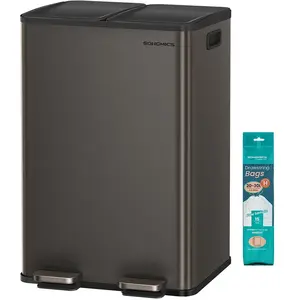 SONGMICS Keukenbak, 2 x 8 Gallon (2 x 30 L) Dubbele compartimenten pedaal prullenbak met zacht sluitend deksel en binnenemmers, staal, inclusief 15 voeringzakken, leisteengrijs LTB741G01
