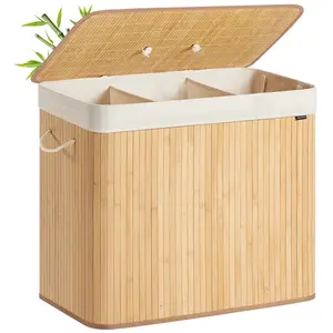 SONGMICS Wasmand met deksel, 3 compartimenten, 170 liter, bamboe wasmand, opvouwbaar, afneembaar en machinewasbaar, waszak met handgrepen, voor wasruimte, slaapkamer, natuurlijke kleur LCB013Y01 pas cher