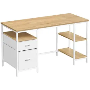 VASAGLE Bureau avec rangements, Chêne naturel + Blanc perle / 140 x 60... pas cher