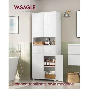 VASAGLE Armoire de Salle de Bain, avec 2 Tiroirs, Étagères Réglables, Compartiments, 30 x 60 x 170 cm, Blanc Nuage pas cher
