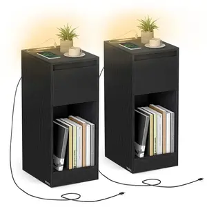 VASAGLE Table de chevet étroite avec éclairage et rangements, Noir ébène / 2 LET710B01 pas cher