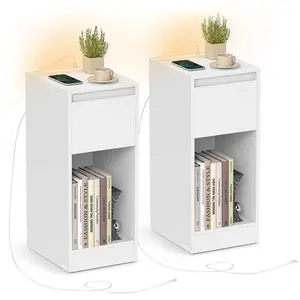 VASAGLE Table de chevet étroite avec éclairage et rangements, Blanc nuage / 2 LET710W01 pas cher