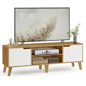 VASAGLE LED Moderne Meuble TV avec Étagères Ouvertes en Verre, Couleur Chêne Naturel + Blanc Crème LTV556Y01 pas cher