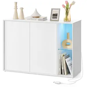 Buffet TV minimaliste avec éclairage et étagère en verre, Blanc Neige BBK372W01 pas cher