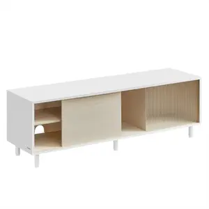 VASAGLE Meuble TV Montage Rapide Toolless Banc 140 x 39 x 45 cm Blanc Nuage et Beige Naturel pas cher