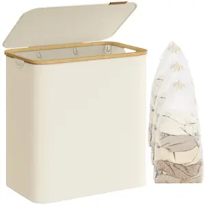 SONGMICS LCB515W01 Wasmand met 3 vakken, 150 liter, wasmand met opvouw...