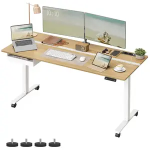 VASAGLE Bureau réglable en hauteur, Couleur Chêne Naturel + Blanc Nuage / 70P x 160L cm LSD116N01 pas cher