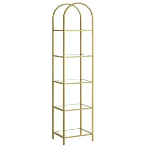 VASAGLE Bibliothèque, 5 Niveaux, Dessus Arqué, Structure en Métal, pour Salon, Chambre, Bureau, Doré Métallique et Transparent pas cher