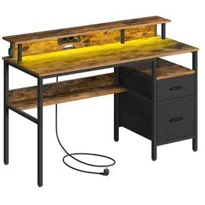 SONGMICS Bureau avec multiprise, ports USB, support d'écran et tiroirs, Marron Rustique / 140L cm LWD094K02 pas cher