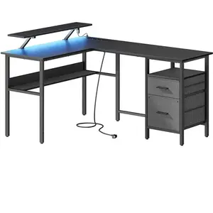 VASAGLE Bureau en L avec multiprise avec rehausseur d'écran, Noir Boisé LWD095B01 pas cher