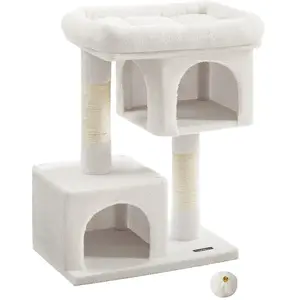 Feandrea Krabpaal, 84 cm kattenboom, L, kattenhuis voor grote katten tot 7 kg, groot platform, 2 kattenholletjes, sisalstammen, crèmewit pas cher