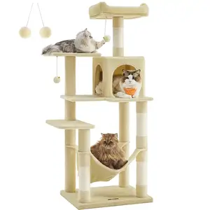 Feandrea Krabpaal, meerlaags kattenhuis, 143 cm hoog, met 4 krabpalen, 2 platforms, hangmat, grot beige PCT161M01 pas cher