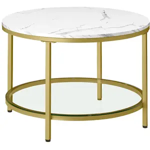 VASAGLE Table basse style moderne blanc marbré et doré métallique, Blanc Marbré + Doré Métallique / 65 x 65 x 46 cm LCT072W59 pas cher