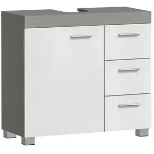 Meuble sous vasque - VASAGLE - 3 Grands Tiroirs - 2 Compartiments - Blanc et Gris Ciment pas cher